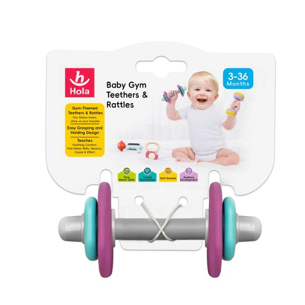 Jucarie dentitie in forma de haltera Acesta adorabila zornaitoare stimuleaza abilitatile motorii fine descoperirea senzoriala si ii ajuta pe copii sa inteleaga cauza si efectul Este usor de tinut in mana si de manevrat Usor de dezinfectat Este colorata usor de prins zornaie cu doua greutati din silicon potrivite pentru muscat si mestecat Jucaria de dentitie pentru bebelusi este confortabila pentru orice baietel sau fetita in crestere cu varsta de peste 3 luni Este conceput cu grija 