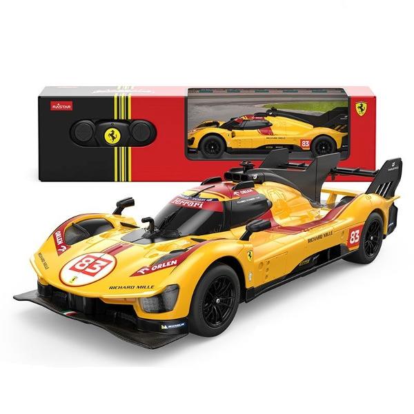 Copilul dumneavoastra se poate juca in voie cu masina cu telecomanda Ferarri  499P N83 GALBEN scara 1 la 24 oferita de brandul international Rastar Nicio cursa nu este imposibil de castigat cu acesta masinuta replica oficiala cu licenta a modelului original construita cu mare atentie la detalii Masinuta are proportiile ideale pentru momente pline de distractie si amuzament avand dimensiunile in centimetri dupa cum urmeaza  199553Masinuta functioneaza pe frecventa de 24GAlimentarea 