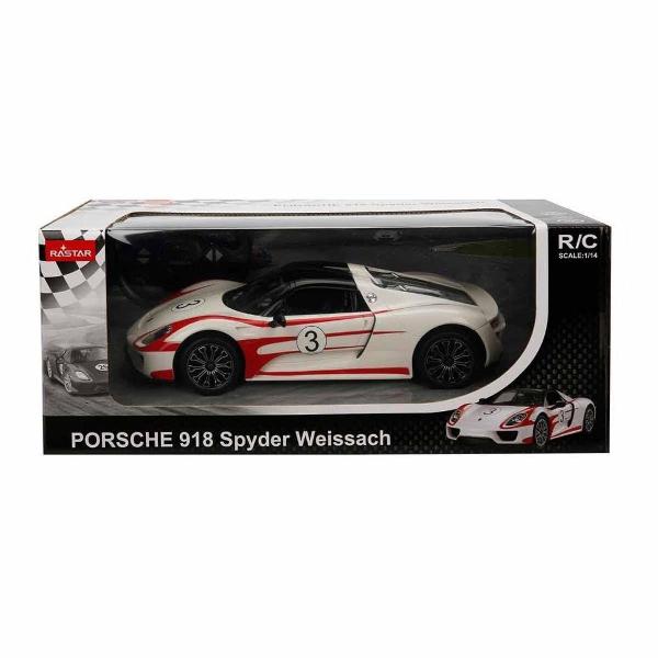 Copilul dumneavoastra se poate juca in voie cu masina cu telecomanda PORSCHE 918 SPYDER WEISSACH ALB scara 1 la 14 oferita de brandul international Rastar Nicio cursa nu este imposibil de castigat cu acesta masinuta replica oficiala cu licenta a modelului original construita cu mare atentie la detalii Masinuta are proportiile ideale pentru momente pline de distractie si amuzamentMasinuta functioneaza pe frecventa de 24GAlimentarea se face astfel  pentru masinuta sunt necesare 5 baterii 