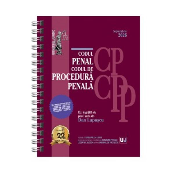 Lucrarea Codul penal si Codul de procedura penala Septembrie 2026 editie spiralata ULTIMELE MODIFICARI LEGEA NR 1222026 LEGEA NR 1232026 LEGEA NR 1252026 LEGEA NR 1582026 este tiparita pe hartie alba de calitate superioara si ingrijita de prof univ dr Dan LupascuSub articolele celor doua Coduri se regasesc acolo unde este cazul corelatii cu reglementarile anterioare; dispozitii de aplicare; decizii ale Curtii Constitutionale; recursuri in interesul legii; 