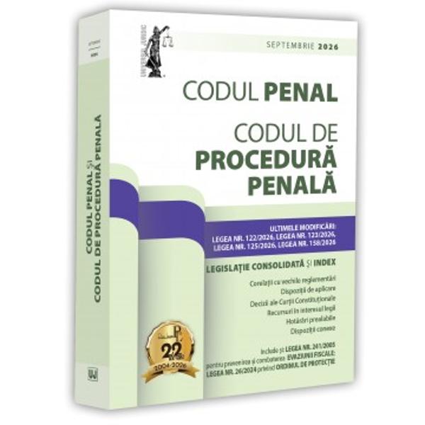 Editia a 38-a revizuita a lucrarii Codul penal si Codul de procedura penala septembrie 2026 ULTIMELE MODIFICARI LEGEA NR 1222026 LEGEA NR 1232026 LEGEA NR 1252026 LEGEA NR 1582026 este tiparita pe hartie alba de calitate superioara si ingrijita de prof univ dr Dan LupascuSub articolele celor doua Coduri se regasesc acolo unde este cazul corelatii cu reglementarile anterioare; dispozitii de aplicare; decizii ale Curtii Constitutionale; recursuri in 