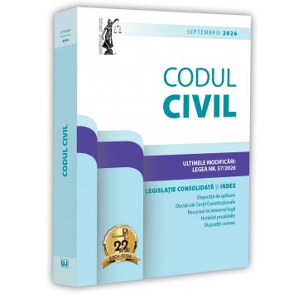 Editia a 28-a revizuita a lucrarii Codul civil septembrie 2026 ULTIMELE MODIFICARI LEGEA NR 572026 este ingrijita de prof univ dr Dan Lupascu si tiparita pe hartie alba de calitate superioaraSub articolele Codului se regasesc acolo unde este cazul dispozitii de aplicare; decizii ale Curtii Constitutionale; recursuri in interesul legii; hotarari prealabile; NUMEROASE DISPOZITII CONEXE si referinte legislative deosebit de utileIndexul plasat la finalul 