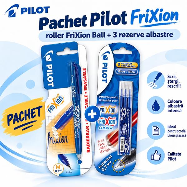 Roller Pilot FriXion cerneal&259; albastr&259; 07 mm  set cu 3 rezerveTehnologia&nbsp;FriXion&nbsp;permite&nbsp;&537;tergerea &537;i rescrierea textului&nbsp;datorit&259;&nbsp;cernelei termosensibile Pur &537;i simplu freci zona scris&259; cu cap&259;tul special &537;i textul dispare instant f&259;r&259; radier&259; sau corectorRollerul este proiectat pentru confort zilnic cu&nbsp;grip ergonomic 
