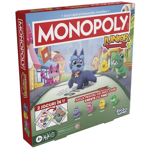 Fiecare miliardar incepe de undeva Acest joc 2 in 1 Monopoly Junior pentru copii include o tabla cu doua fete si 2 niveluri de dificultate astfel incat familiile pot alege nivelul care li se potriveste cel mai bine Nivelul 1 este recomandat pentru copiii cu varsta de 4 sau 5 ani si ajuta copiii sa exerseze potrivirea si numaratul cand numara spatii potrivesc imagini si cumpara proprietati Castiga jucatorul cu cele mai multe proprietati &Icircntoarce tabla de joc pentru a trece la 
