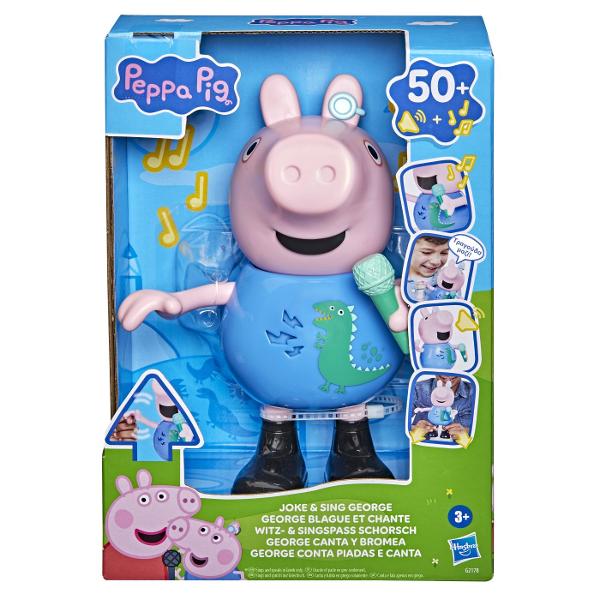 Descopera distractia muzicala alaturi de George indragitul personaj din seria Peppa Pig Figurina interactiva include peste 50 de sunete melodii si reactii amuzante Copiii pot apropia microfonul de gura figurinei pentru a-l auzi cantand pot apasa pe burta pentru a activa sunete si replici sau pot misca figurina pentru a descoperi diferite reactii Jucaria incurajeaza jocul de rol imaginatia si exprimarea muzicala fiind potrivita pentru micii fani Peppa Pig George tine in mana un microfon 