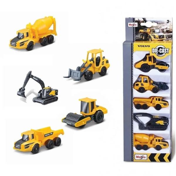 Acest set contine 5 mini vehicule de constructie Volvo ideale pentru joaca si colectionare Vehiculele sunt realizate din metal turnat sub presiune die-cast cu componente din plastic oferind un echilibru intre durabilitate si detalii realiste Vehiculele sunt vopsite in culorile galben si gri specifice marcii Volvo oferind un aspect autentic Fiecare vehicul are parti mobile adaugand un plus de realism si interactivitate in timpul jocului Rotile vehiculelor se rotesc liber permitand 