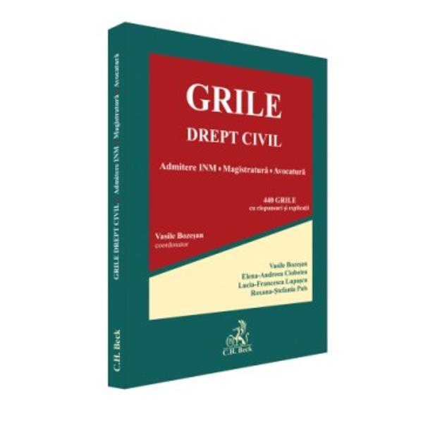 Lucrarea este realizata de catre coordonator-autor judecatorformator INM impreuna cu trei judecatori definitivi absolventi ai Institutului National al Magistraturii prin care astfel se imbina experienta profesionala cu viziunea adaptata la realitatea actuala a modului de testare a candidatilor la concursurile de admitereCuprinsul lucrariiun numar de 440 de grile din materia dreptului civil circumscrisa tematicii pentru concursurile de admitere in profesiile juridice 