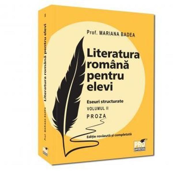 PROZA NARATIV&258; al doilea volum al Trilogiei &bdquo;LITERATURA ROM&Acirc;N&258; PENTRU ELEVI&rdquo; con&539;ine eseuri structurate ale OPERELOR EPICE incluse &icirc;n manualele alternative &537;i &icirc;n programele &537;colare pentru &icirc;nv&259;&539;&259;m&acirc;ntul preuniversitar crea&539;ii narative ale autorilor rom&acirc;ni care se studiaz&259; &icirc;n clasele V-XIIOperele literare sunt ordonate cronologic cartea fiind structurat&259; &icirc;n cele 
