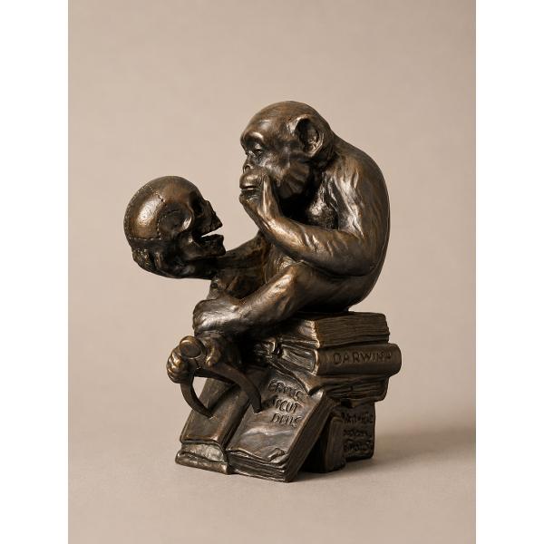 &bdquo;Maimu&539;a cu craniu&rdquo; este cea mai cunoscut&259; lucrare a sculptorului german Hugo Rheinhold Creat&259; &icirc;n 1892 sculptura &icirc;nf&259;&539;i&537;eaz&259; un cimpanzeu a&537;ezat pe un teanc de c&259;r&539;i &537;i studiind cu aten&539;ie un craniu uman Pozi&539;ia sa contemplativ&259; aminte&537;te de Hamlet &icirc;n timp ce o carte care poart&259; numele lui Darwin face referire la teoria evolu&539;iei Rheinhold reune&537;te astfel 