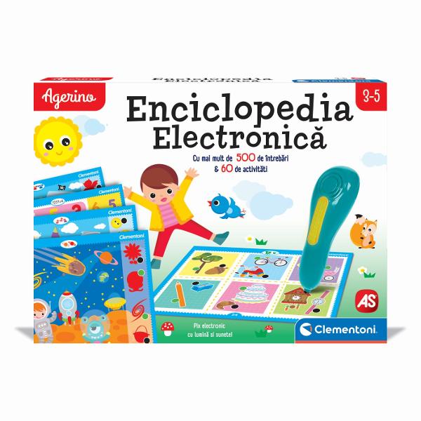 Agerino Enciclopedia Electronica cu Stilou este un joc educativ interactiv special conceput pentru copiii cu varsta intre 3 si 5 ani Prin activitati variate si ilustratii atractive cei mici pot descoperi concepte de baza intr-un mod simplu intuitiv si distractiv Enciclopedia include peste 500 de intrebari si 72 de activitati educative organizate pe mai multe teme potrivite educatiei prescolare Copiii pot invata si exersa notiuni legate de cantitati si dimensiuni culori si forme animale 