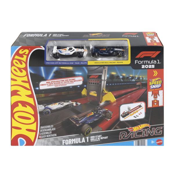Circuitul de curse Hot Wheels Racing Grid Start Formula 1 2025 aduce emotia curselor de Formula 1 in universul Hot Wheels Setul permite copiilor sa organizeze curse rapide si competitii de reactie lansand simultan cele doua masinute incluse pe pista pentru a vedea cine ajunge primul la final Circuitul este inspirat de grila de start Formula 1 si include elemente tematice F1 precum turnul de start pista de curse si sistemul Hot Wheels Speed Snap conceput pentru o asamblare rapida si usoara 