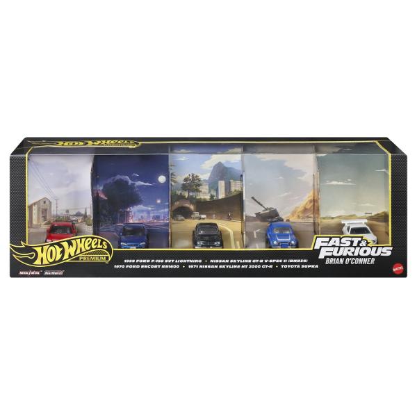 Setul Hot Wheels Premium Fast and Furious aduce impreuna 5 masini emblematice inspirate din celebra franciza cinematografica Fast &amp Furious si asociate personajului Brian O&39Conner Fiecare model este realizat la scara 164 si beneficiaza de finisaje premium detalii atent reproduse si design inspirat de automobilele aparute in filme Setul include 5 masini metalice Ford F-150 SVT Lightning 1999 Ford Escort RS1600 1970 Nissan Skyline GT-R V-Spec II BNR34 Nissan Skyline HT 2000 