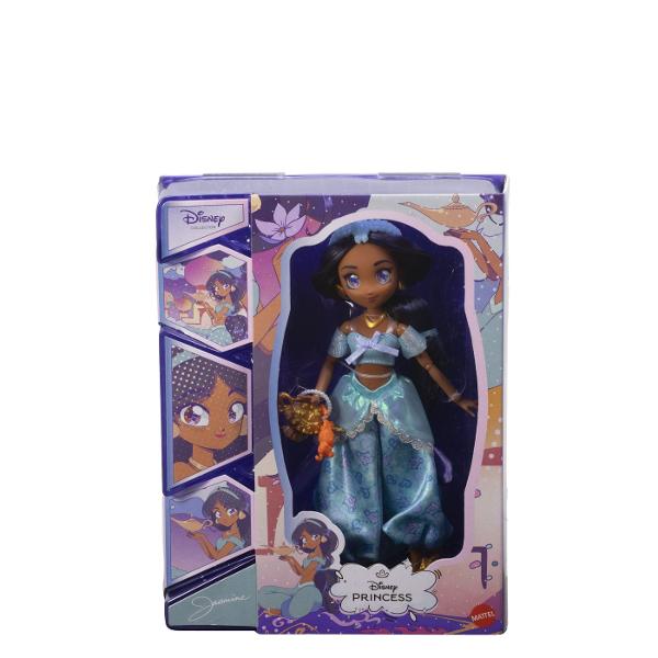 Papusa Printesa Jasmine din colectia Disney Princess este inspirata de indragitul personaj din povestea Aladdin Jasmine poarta o tinuta eleganta in nuante de turcoaz cu pantaloni largi top decorativ si detalii stralucitoare completata de parul lung si accesoriile specifice personajului Papusa are aproximativ 22 cm inaltime si este insotita de accesorii tematice care completeaza experienta de joaca Copiii pot recrea scene inspirate din povestea Disney sau pot inventa propriile aventuri 