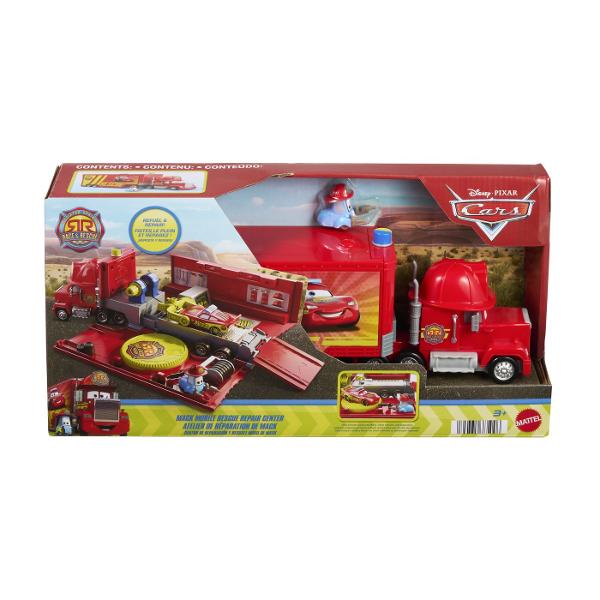 Camionul Mack din colectia Disney Pixar Cars Race &amp Rescue se transforma intr-un centru mobil de reparatii si interventie pregatit pentru aventuri inspirate din lumea Cars Vehiculul se deschide pentru a dezvalui o zona de service cu platforma rampa si mai multe elemente interactive pentru repararea si pregatirea masinutelor pentru urmatoarea cursa Setul include camionul Mack si accesorii tematice pentru scenarii de joaca de tip service si salvare Copiii pot transporta vehiculele le 