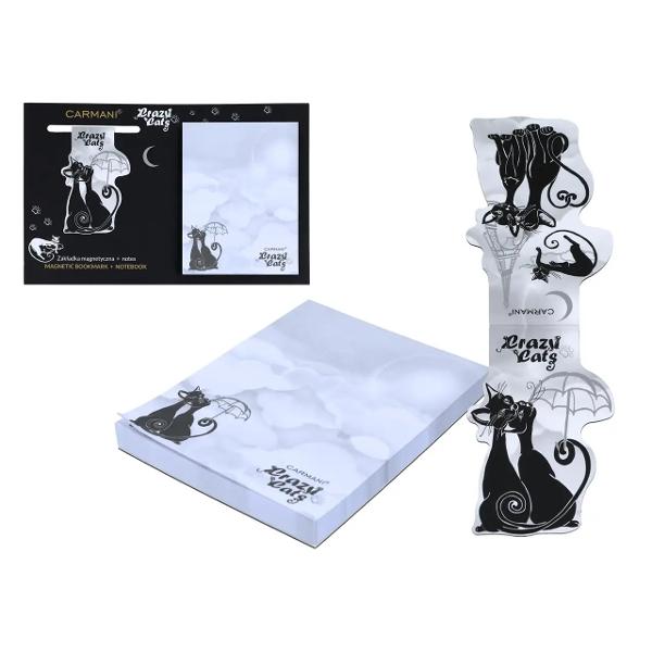Adaug&259; o not&259; de originalitate &537;i veselie activit&259;&539;ilor de zi cu zi cu acest set format din bloc notes &537;i semn de carte magnetic decorat cu simpatice pisici negre din colec&539;ia Crazy Cats de la CarmaniCu un design juc&259;u&537; &537;i elegant &icirc;n nuan&539;e de alb negru &537;i gri setul prezint&259; ilustra&539;ii stilizate cu pisici negre surprinse 