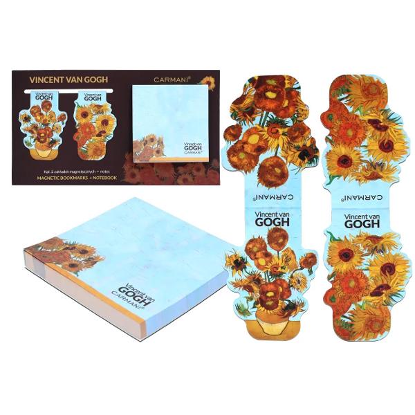 Set cu bloc notes magnetic 8 x 8 cm &537;i 2 semne de carte magnetice Van Gogh &ndash; SunflowersAdu un strop de culoare c&259;ldur&259; &537;i inspira&539;ie artistic&259; &icirc;n fiecare zi cu setul magnetic Van Gogh &ndash; Sunflowers Inspirat de celebra serie de picturi &bdquo;Floarea-soarelui&rdquo; a artistului Vincent van Gogh acest set &icirc;mbin&259; frumuse&539;ea artei cu utilitatea accesoriilor 