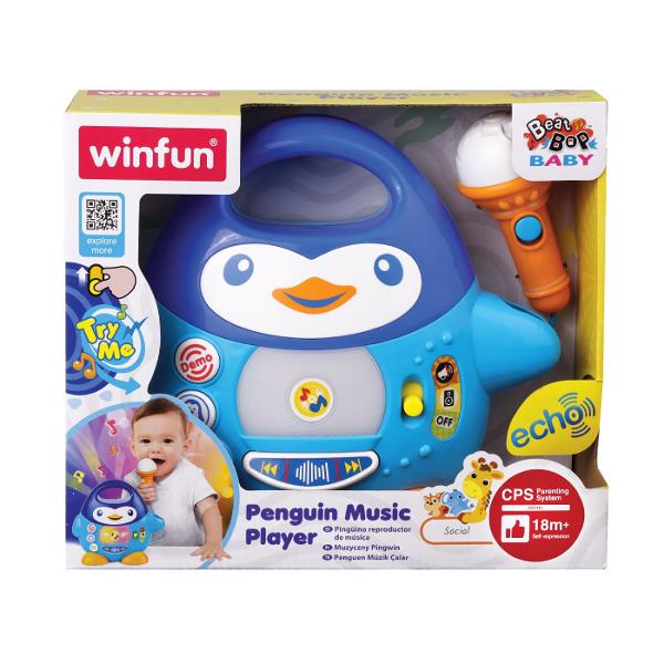 Player Muzical Pinguin este o jucarie muzicala interactiva prevazuta cu microfon functional ideala pentru momente de cantat si joaca Microfonul include un efect amuzant de ecou iar luminile LED clipesc in timpul redarii muzicii Playerul reda melodii vesele si sunete de aplauze iar efectele sonore cu animale pot fi adaugate peste melodii pentru o experienta de joaca mai distractiva Jucaria este prevazuta cu functii pentru trecerea la melodia urmatoare sau revenirea la cea anterioara 