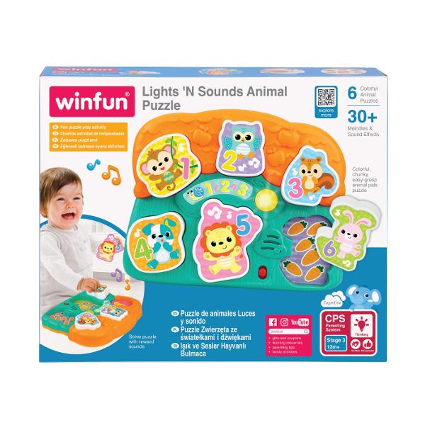 Jucaria Winfun Puzzle cu Animale si Sunete este perfecta pentru micutii care iubesc sa descopere si sa invete Puzzle-ul colorat si usor de prins ajuta la dezvoltarea abilitatilor motrice fine si a coordonarii mana-ochi Copilul tau va fi incantat sa asambleze piesele si atunci cand le potriveste corect va auzi sunete vesele si o lumina intermitenta care il recompenseaza Cu sunete amuzante melodii vesele si efecte sonore care stimuleaza atentia si curiozitatea acest puzzle interactiv aduce 