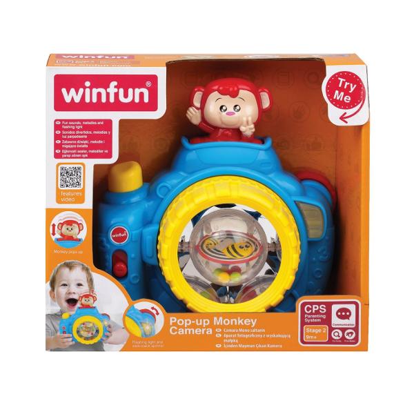 Winfun Jucarie Camera Foto Maimutica este o jucarie interactiva de rol conceputa pentru cei mici care transforma joaca de-a fotograful intr-o experienta distractiva plina de sunete lumini si elemente mobile Apasa butonul declansator si maimutica vesela apare prin surprindere in timp ce obiectivul se roteste Jucaria include o oglinda reflectorizanta o bila rotativa si margele tip zornaitoare care stimuleaza curiozitatea si explorarea senzoriala Camera este prevazuta si cu elemente 