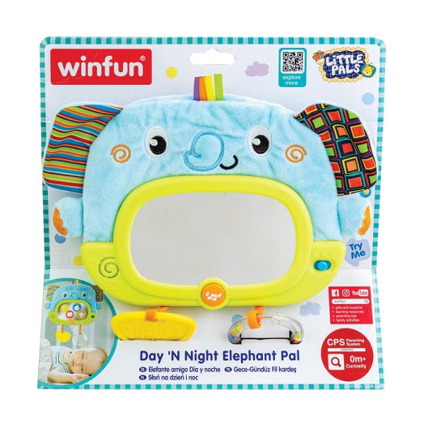 Prietenul Elefant Winfun este o jucarie semi-moale conceputa pentru a stimula simturile si a incuraja jocul interactiv al bebelusilor Cu urechi fosnitoare care produc sunete placute aceasta jucarie va capta atentia micutului tau Elefantul dispune de doua moduri de joc Modul Zi care ofera distractie prin sunete vesele si interactive si Modul Noapte care adauga melodii linistitoare pentru a crea o atmosfera calmanta inainte de culcare Jucaria include o oglinda sigura pentru bebelusi care 