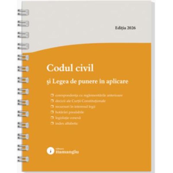 Lucrarea cuprinde Codul civil si Legea de punere in aplicare a acestuia redata in extras&nbsp;Articolele din cod sunt insotite de textele corespondente din reglementarea anterioara Codul civil din 1864 Codul comercial Codul familiei Decretul nr 1671958 si celelalte acte normative al caror continut a fost absorbit in Codul civil redate cu caractere italice si se fac trimiteri la legislatia conexa&nbsp;De asemenea sunt prezentate deciziile Curtii Constitutionale de 
