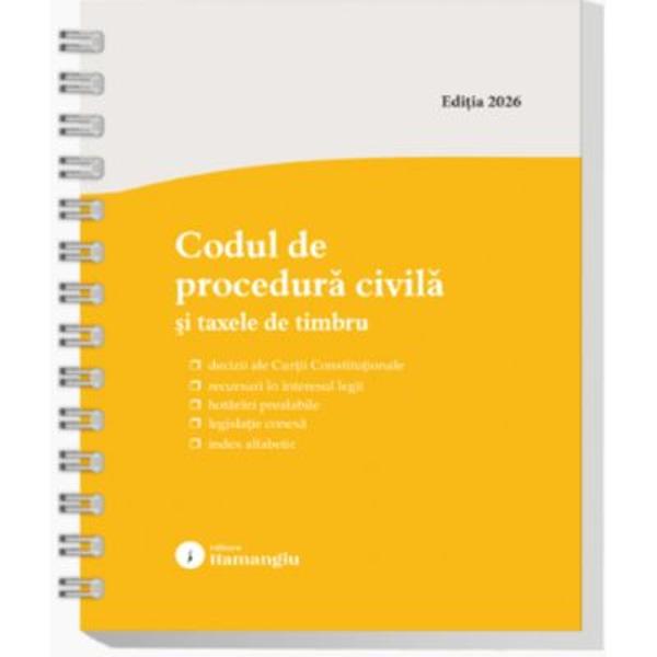 Lucrarea cuprinde textul actualizat al Codului de procedura civila precum si cate un extras din Legea nr 762012 de punere in aplicare din Legea nr 22013 si din Legea nr 471992 solutionarea exceptiei de neconstitutionalitate ridicate in fata instantelor judecatoresti sau de arbitraj comercial Pe langa acestea a fost inclusa si O U G nr 802013 privind taxele judiciare de timbruIn Codul de procedura civila si taxele de timbru la finalul articolelor din cod sunt 