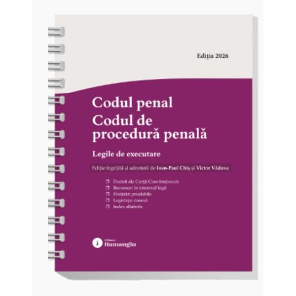Alaturi de cele doua coduri penale cartea Codul penal Codul de procedura penala Legile de executare cuprinde si legile de executare a pedepselor masurilor privative si masurilor neprivative de libertate &ndash; Legea nr 2532013 si Legea nr 2542013La fel ca toate lucrarile din seria de legislatie a Editurii Hamangiu Codul penal Codul de procedura penala Legile de executare prezinta pe langa forma consolidata a actelor normative deciziile Curtii Constitutionale prin care 