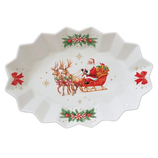 Adu magia Cr&259;ciunului la masa de s&259;rb&259;toare cu platoul din por&539;elan Easy Life colec&539;ia Christmas Heritage o pies&259; decorativ&259; elegant&259; inspirat&259; de farmecul &537;i tradi&539;iile s&259;rb&259;torilor de iarn&259;Realizat din por&539;elan alb platoul impresioneaz&259; prin forma sa oval&259; cu margini ondulate &537;i prin 