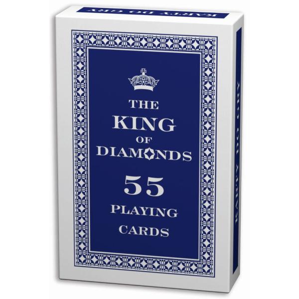 Cartile de joc King of Diamonds sunt potrivite pentru toate tipurile de jocuri clasice de carti Pachetul se compune din 55 de carti cu dimensiunile de 58x88 mm ale caror laturi contin simboluri internationale de figuri si culori Partea din spate a cartelei este decorata cu un model traditional