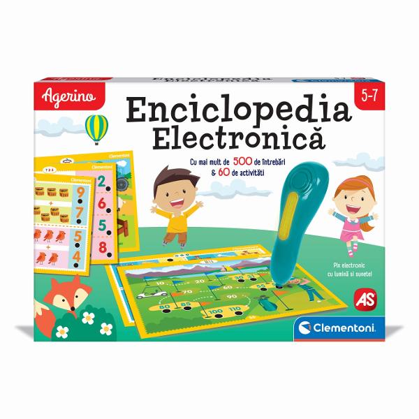 Agerino Enciclopedia Electronica este un joc educativ interactiv conceput pentru copiii cu varsta de la 5 ani in sus care transforma invatarea intr-o activitate distractiva si usor de parcurs Cu ajutorul stiloului electronic copilul poate raspunde la intrebari verifica imediat raspunsurile si descoperi informatii din mai multe domenii importante pentru dezvoltarea sa Setul include peste 500 de intrebari si 60 de activitati educative concepute pentru a-i ajuta pe cei mici sa exerseze si sa 