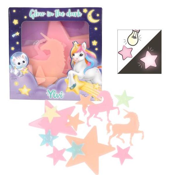 Stelele &537;i unicornii din plastic solid de la Ylvi &icirc;n frumoasele culori portocaliu roz turcoaz &537;i verde str&259;lucesc &icirc;n &icirc;ntuneric Pentru decorarea suprafe&539;elor netede cu autocolantele dublu adezive incluse &Icirc;n fiecare set dou&259; stele mari 2 unicorni &537;i 8 stele mai mici