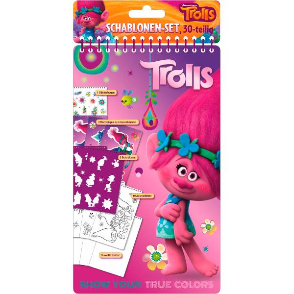 Set sabloane Trolls 51118 Stencil-set 30 de piesecuprins• 1 foaie cu autocolant• 3 foi cu motive pentru t&259;iere• 2 foi cu sabloane• 10 imagini de colorat• 14 coli de hârtie alb&259;