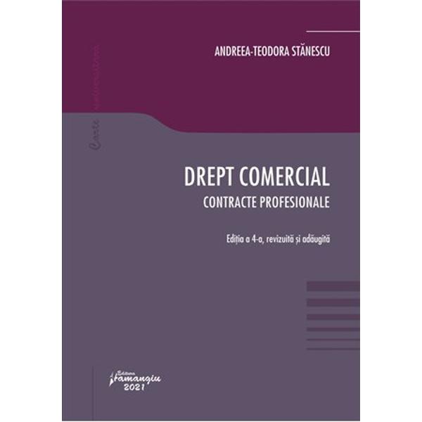 Lucrarea Drept comercial Contracte profesionale aflata la a patra editie este destinata cu precadere studentilor facultatilor de drept Autoarea cadru didactic la Facultatea de Drept a Universitatii din Bucuresti si-a concentrat cercetarea in jurul contractelor profesionale obiect de studiu al disciplinei Drept comercial ObligatiilePrimul capitol al cartii Drept comercial Contracte profesionale are ca punct de plecare teoria 