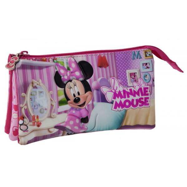 Penar Disney Minnie cu 3 compartimente imprimeu cu personajul Minnie confectionat din satin si PVC dimensiune 22x12x5 cm