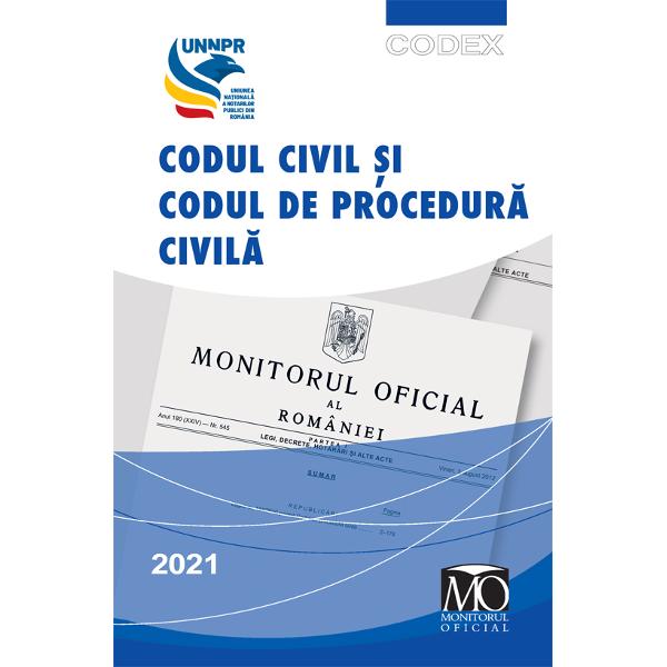 Carte recomandat&259; de Uniunea Na&539;ional&259; a Notarilor PubliciData aparitiei 14 aprilie 2021 - Format 130 x 200 mm 1088 paginiEditura Monitorului Oficial prima &537;i cea mai sigur&259; surs&259; legislativ&259; in parteneriat cu Uniunea Na&539;ional&259; a Notarilor Publici a realizat edi&355;ia aprilie 2021 a c&259;r&539;ii Codul civil &537;i Codul de procedur&259; 