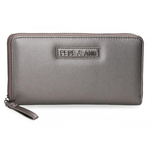 Portofel dama protectie RFID Pepe Jeans Cira gri metalizat - multiple compartimente dimensiune 195x10x2 cm culoare gri metalizat material piele sintetica compartiment special pentru bacnote carduri inchidere cu fermoar sistem protectie card sloturi card 