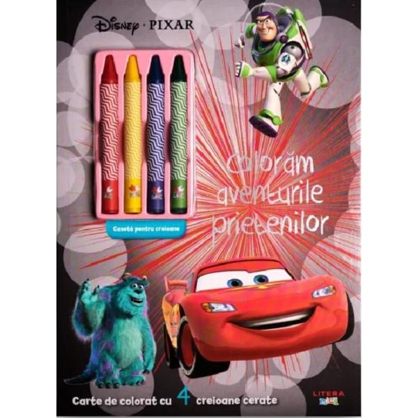 Înso&539;e&537;te-i pe Fulger McQueen Wall-E Buzz &537;i mul&539;i al&539;i prieteni dornici de aventur&259; Descoper&259; ce fapte incredibile mai fac &537;i coloreaz&259; imaginile cât mai frumosCon&539;ine 4 creioane cerate