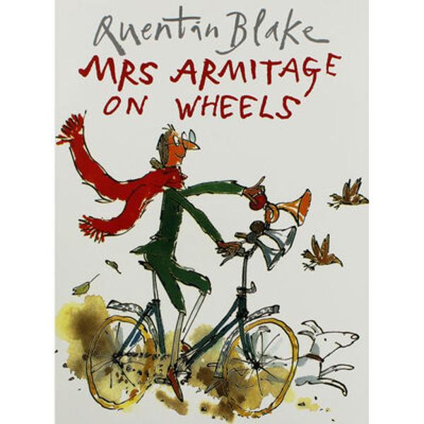 Mrs Armitage sets off for a quiet cycle with her faithful dog Breakspear but she just cant help thinking of ways to improve her bicycleBefore very long she has added three very loud horns a bucket of water to wash her hands a complete tool kit And by the time she has also added a seat for Breakspear two umbrellas a cassette player and a mouth-organ Mrs Armitage is riding a very eye-catching contraptionBut it is when she finally adds the mast and sail that 