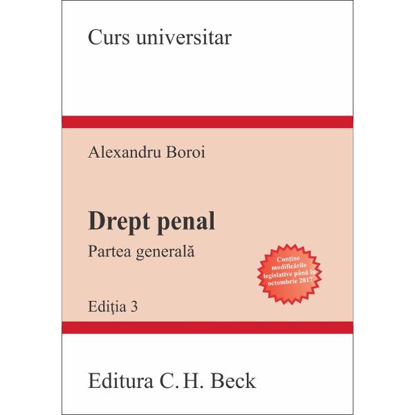 Cursul cuprinde o analiz&259; &537;tiin&539;ific&259; &537;i aprofundat&259; a P&259;r&539;ii generale a dreptului penal din perspectiva noului Cod penal Demersul vizeaz&259; analiza infrac&539;iunilor prin prisma aspectelor de teorie &537;i practic&259; judiciar&259; dar &537;i a jurispruden&539;ei Cur&539;ii Constitu&539;ionale Cur&539;ii &537;i a Europene a Drepturilor Omului Sunt analizate conform doctrinei penale 