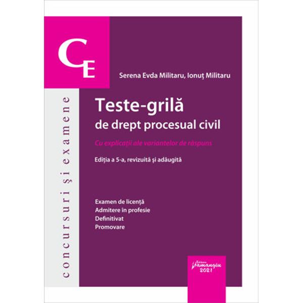 Editia a cincea a culegerii Teste-grila de drept procesual civil cuprinde 1400 de grile elaborate in sistem semi-deschis trei variante cu unul sau doua raspunsuri corecte precum si 40 de spete inspirate din practica judiciara fie cu variante de raspuns trei variante un singur raspuns corect fie insotite de intrebari si teme de dezbatere pentru disciplina Drept procesual civilPrincipalul element de atractie il constituie fara indoiala amplele motivari ale variantelor de 