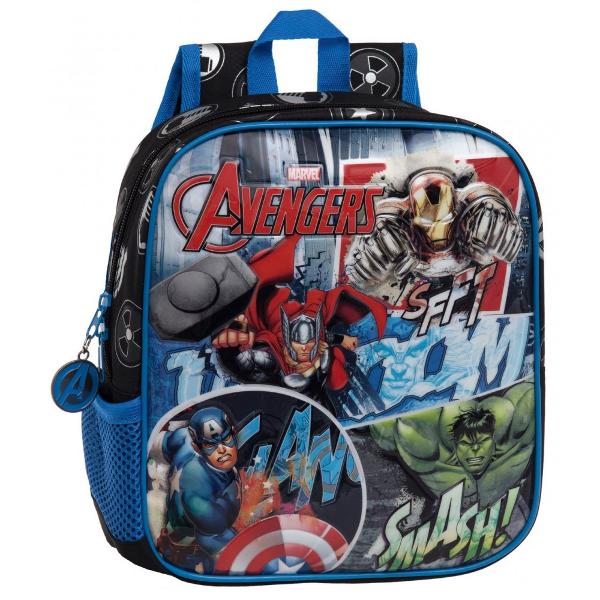  Ghiozdan de gradinita adaptabil 25 cm Avengers Street - material microfibra  PVC dimensiune 23x25x10 cm bretele ajustabile 1 compartiment culoare negru &amp; albastru cu imprimeu personaje Omul de Fier &amp; Captain America &amp; Hulk &amp; Thor maner fix