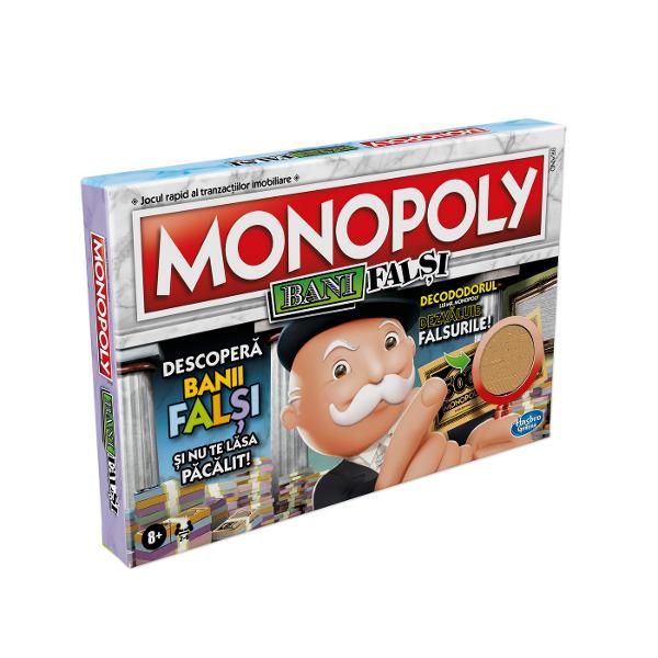 Jocul Monopoly Crooked Cash  Bani Falsi  prezinta un joc clasic Monopoly cu o intorsatura Mr Monopoly Decoder ii ajuta pe jucatori sa gaseasca falsuri Include decodor atunci cand un jucator plateste pentru ceva adversarii pot folosi decodorul pentru a vedea daca au folosit bani falsi Va dezvalui tipare ascunse pentru a determina daca este real Daca este fals puteti pastra banii Carduri de oportunitate fii atent Cardurile pot fi si ele false Un jucator a folosit o carte de 