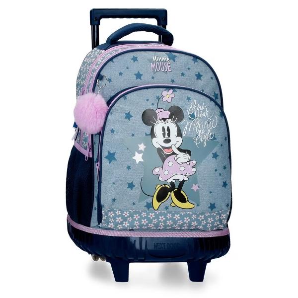 Ghiozdan troler fete Minnie Style 2 roti duble 2 compartimente 32x43x21 cm  Material poliester care este 