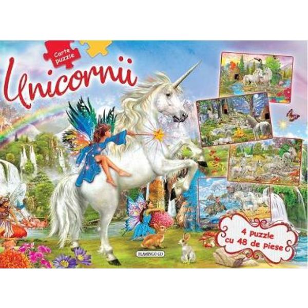 Reconstituiti puzzle-urile si bucurati-va de frumosii unicorni - 4 puzzle cu 48 piese fiecare Paginile sunt buretate ideale pentru asamblarea simpaticelor imagini