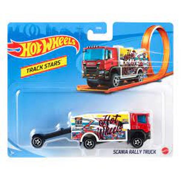 Hot Scania Rally Truck e pregatit pentru cursaProiectat pentru a fi compatibil cu pistele Hot Wheels vandute separat aceasta platforma poate sa prinda viteza pe pista sa treaca prin bucle si sa execute multe alte cascadoriiCamionul si remorca sunt detasabile si interschimbabile cu alte camioane din aceeasi colectie