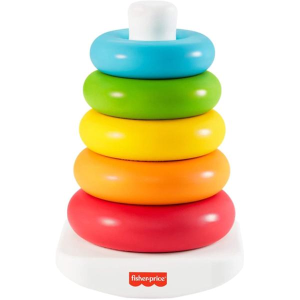 Aceasta jucarie Fisher-Price Rock-a-Stack fabricata din materiale vegetale  ofera distractie clasica pentru bebelusi Dispune de o baza rocker wobly-wobby si 5 inele colorate pentru ca mainile celor mici sa le prinda si sa le ordoneze Ordonarea ajuta bebelusul sa dezvolte coordonarea ochi-mana si ii introduce in conceptul de dimensiune relativa pe masura ce invata sa sorteze si sa ordoneze de la cel mai mare la cel mai mic  Jucarie fabricata dintr-un minimum de 90 etanol extras din 