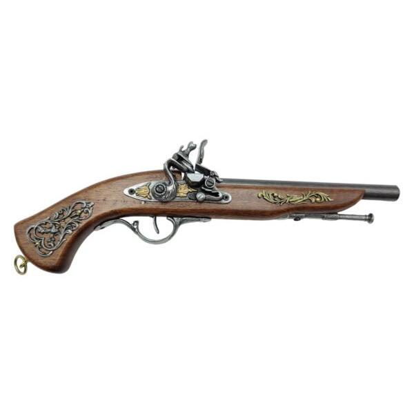 Din lemn mecanism flintlock din metal lustruit  butoi îngust tot din metal lustruit pe stoc este aplicat&259; o plac&259; cu decora&539;iuni de epoc&259;