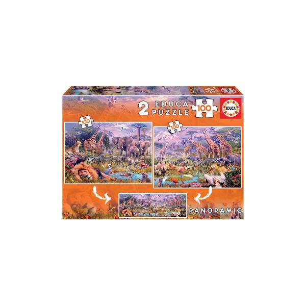 Num&259;r piese 2x100 bucDimensiuni puzzle asamblat 40 x 28 cmMaterial cartonEAN 8412668186064Etichete elefan&539;i zebre lei girafe