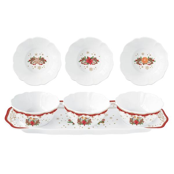 Set pentru aperitiv din portelan 4 piese 3 boluri 11cm tava 37x14cm r1494cmel