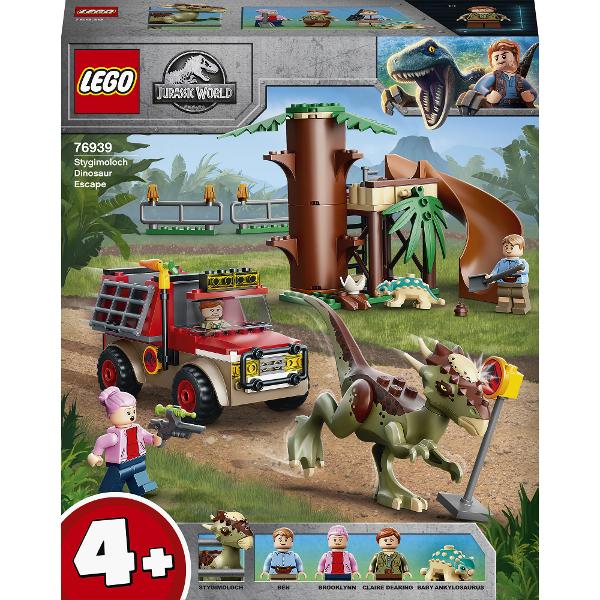 LEGO Jurassic World - Evadarea dinozaurului Stygimoloch 76939 129 piese   Copiii pot invata sa construiasca si sa interpreteze povesti palpitante cu acest set jucarie Evadarea dinozaurului Stygimoloch 76939 Inspirat din serialul de desene animate Tabara cretacica Jurassic World contine figurina jucarie Stygimoloch si Bumpy puiul de Ankylosaurus o masina de teren cu o cusca de dinozaur detasabila si o casa in copac 